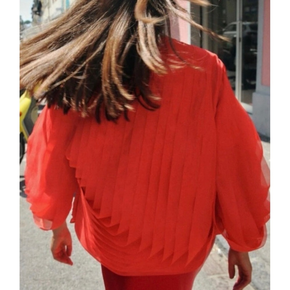 Zara Red Pleated‎ Organza Jacket Open Front Voluminous Sleeve XL - Picture 2 of 6